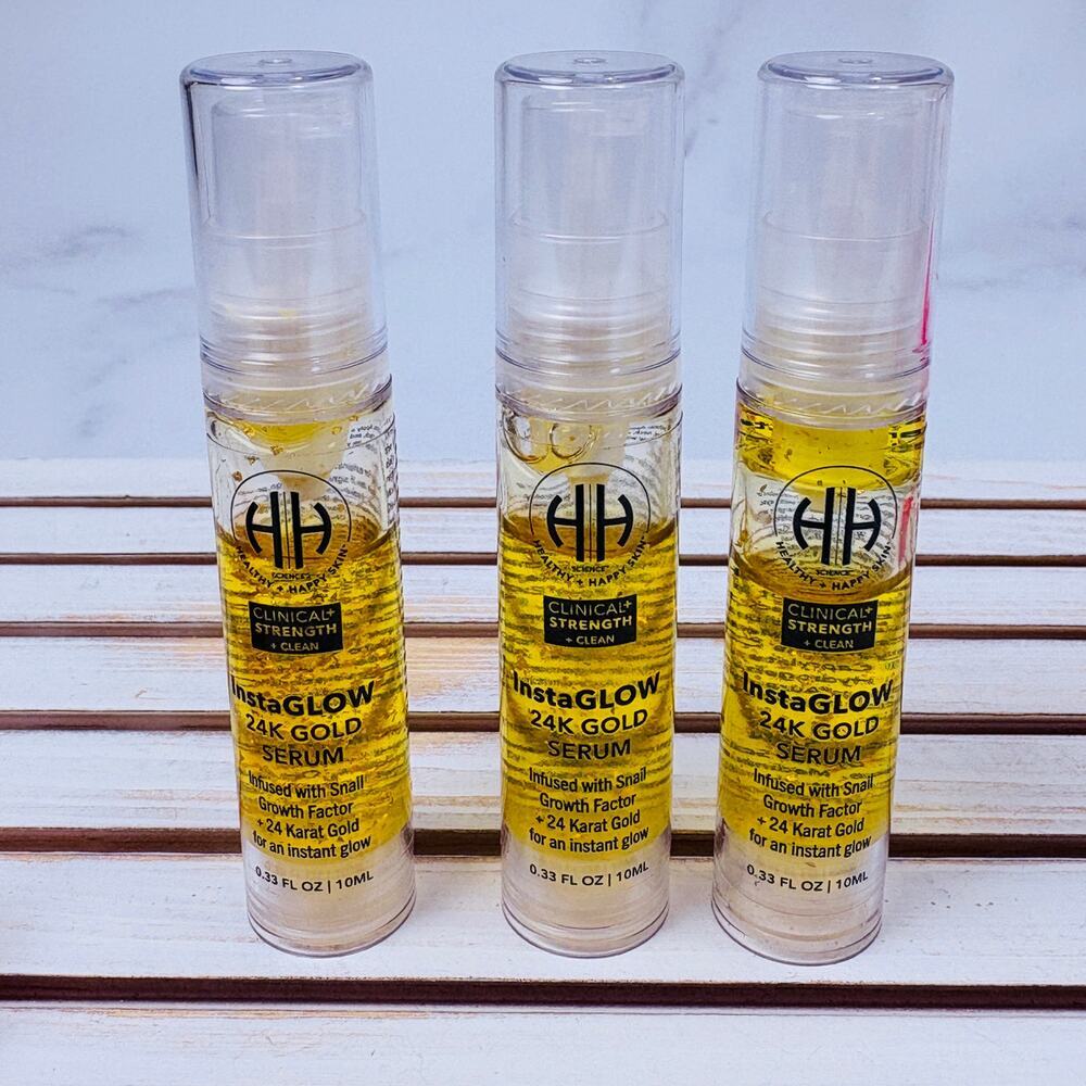 HH Science InstaGLOW 24K Gold Serum Bundle 3 Pc 0.33oz + Gua Sha Clinical Clean